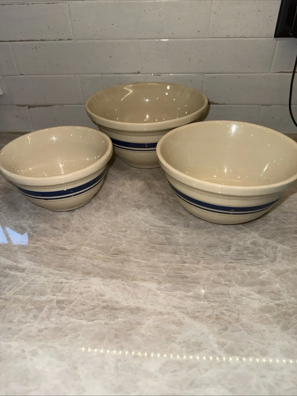 Friendship Pottery Roseville Ohio Blue Line 3 Nesting Mixing Bowls